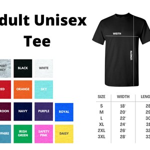 以下が含まれることがあります： 黒い大人用ユニセックスTシャツ。幅と長さの寸法をインチで示すサイズチャートがあります。画像には、赤、オレンジ、ネイビーなどのオプションを含むカラーパレットも表示されています。