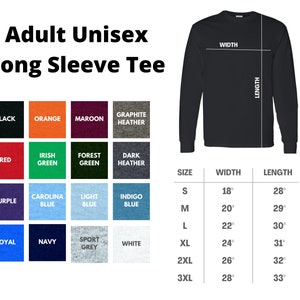以下が含まれることがあります： 黒の長袖Tシャツ。サイズチャートとカラー見本付き。カラーオプションには、黒、オレンジ、マルーン、グラファイトヘザー、赤、アイリッシュグリーン、フォレストグリーン、ダークヘザー、紫、カロライナブルー、ライトブルー、インディゴブルー、ロイヤル、ネイビー、スポーツグレー、白が含まれます。