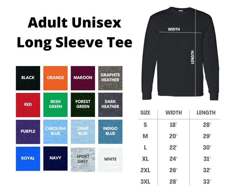 以下が含まれることがあります： 黒の長袖Tシャツ。サイズチャートとカラー見本付き。カラーオプションには、黒、オレンジ、マルーン、グラファイトヘザー、赤、アイリッシュグリーン、フォレストグリーン、ダークヘザー、紫、カロライナブルー、ライトブルー、インディゴブルー、ロイヤル、ネイビー、スポーツグレー、白が含まれます。