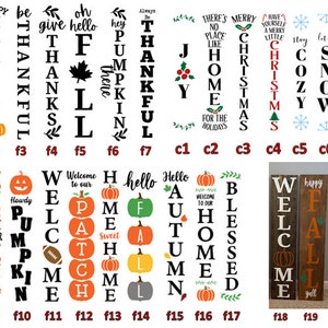 Pode incluir: Um conjunto de 19 placas de madeira com v&aacute;rias sauda&ccedil;&otilde;es sazonais e designs. As placas apresentam palavras como "Happy", "Harvest", "Thankful", "Autumn", "Welcome", "Blessed", "Christmas", "Holiday", "Snow", e "Pumpkin".