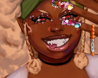 May include: Digital illustration of a person with dark skin, wearing a green headband and a black choker. The person has long, decorated nails featuring pink, floral, and star motifs. A vertical orange beaded charm spells the word RAT.