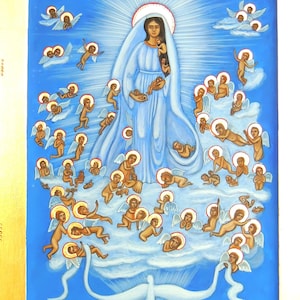 digitale bestanden. iconen van de Maagd Maria van het licht van de ongeboren kinderen. Foto van een handgeschreven pictogram.