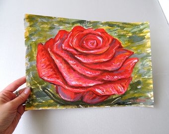 Rose, gouache painting, original art on paper, flowers, red small wall art Home decor. Ukrainian artist, Flowers, Europ art, gift red. Ready