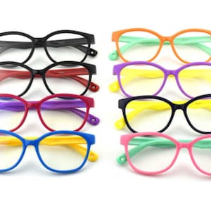 May include: Set of eight colorful plastic framed eyeglasses. The frames are in black, red, purple, yellow, green, blue, orange, and pink.