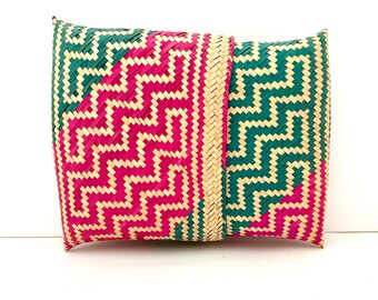 Oaxacan Straw Pink & Green Clutch -or- Coin Purse Pouch Wallet
