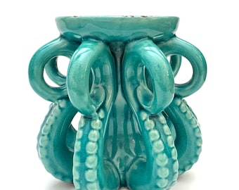 Turquoise Blue Ceramic Octopus Pillar Candle Holder Beach Home Decor 5.25”