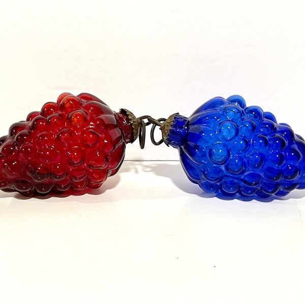 Set of Two Kugel Style Ornaments | Bunch of Grapes in Cobalt Blue & Red | Embossed Brass Caps