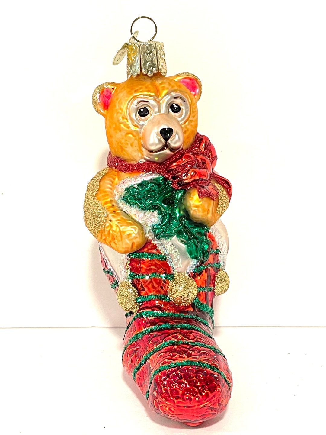 Old World Christmas Ornament Blown Glass Toy Filled Stocking Teddy Bear