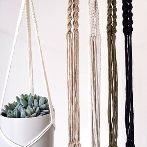Könnte beinhalten: Fünf Makramee-Pflanzenhänger in verschiedenen Farben: Natur, Beige, Weiß, Olivgrün und Schwarz. Die Hänger sind aus Baumwollschnur gefertigt und haben ein schlichtes, minimalistisches Design.