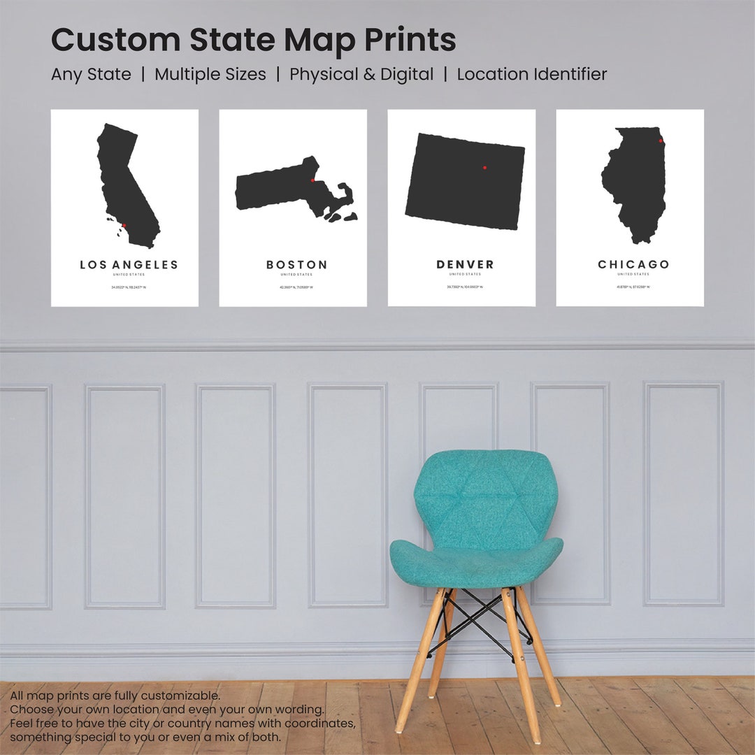 CUSTOM STATE MAP Prints, Any Location - City Location Print, State Map ...