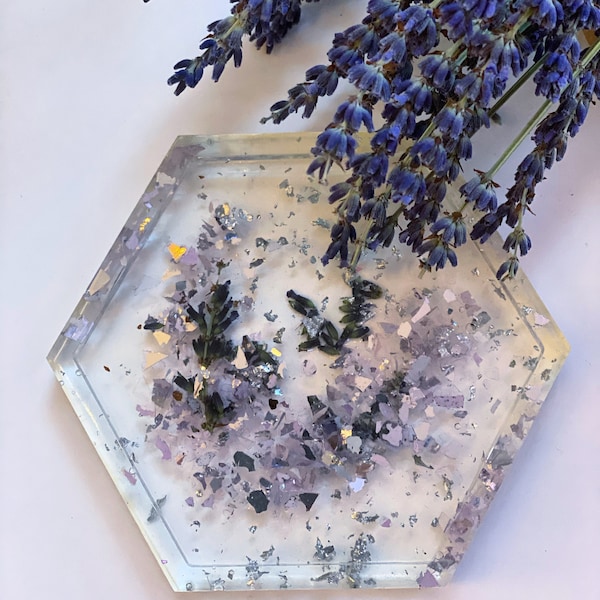 Custom Hand Pressed Real Lavender Floral Crystal Resin Coaster/Jewelry Dish | Amethyst Inspired