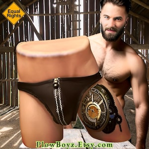Mens Zipper Thong, Mens Black Faux Leather Underwear, Low Waist Male Jock With Tapestry Style Zipper
