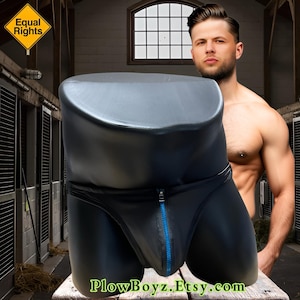 Mens Zipper Thong, Mens Black Faux Leather Underwear, Low Waist Male Jock With Blue Metallic Mirror Zipper