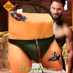 Mens Zipper Thong, Mens Black Faux Leather Underwear, Low Waist Male Jock With Metallic Mirror Zipper