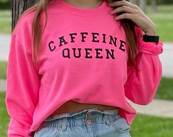 Caffeine Queen / Caffeine Queen Sweater / Cropped Sweater / Pink Sweater / Safety Pink Sweater / Crewneck Cropped Sweater / Coffee Lover /