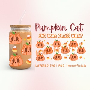 Cute Cat 16oz Glass Wrap, Halloween Cat Glass Can Wrap, Cat Pumpkin SVG Cup Wrap Cricut, Libbey Preppy SVG cut file, Spooky SVG Digital File