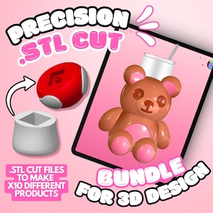 May include: A digital graphic featuring the text PRECISION .STL CUT and BUNDLE FOR 3D DESIGN. It displays a 3D model of a brown teddy bear with pink accents, a red and white mushroom-shaped object, and a white cylindrical base with a square cutout.