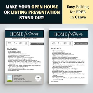 May include: A real estate marketing template with the text "MAKE YOUR OPEN HOUSE OR LISTING PRESENTATION STAND OUT!" and "Easy Editing for FREE in Canva." Two flyers display home features, including address, price, and amenities.