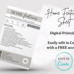 May include: A digital printable home features sheet with a list of property features, address, and realtor information. The sheet is easily editable in Canva with a free account.