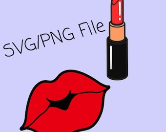 Puede incluir: Labios rojos y un tubo de lápiz labial rojo con una tapa dorada y una base negra. El texto "SVG/PNG File" está en la esquina superior izquierda de la imagen.