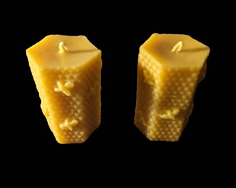 Beeswax candles, small pillar, bee design, eco, natural, set of two