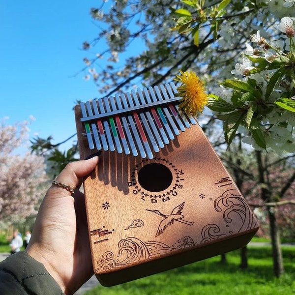 Kalimba Mbira, 17 Key Thumb Piano, Finger Piano, Mini Piano, Kids Handmade Musical Instrument Gift, Ocean Waves Design by Bold Musik