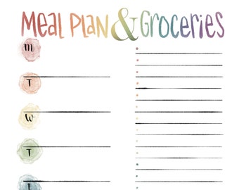 Meal Plan Printable, Grocery List Printable, Meal Planner, Grocery Planner, Weekly Planner Page, Bullet Journal