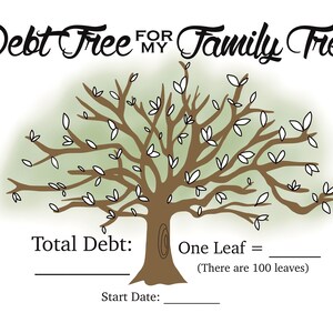 May include: A printable chart featuring a brown tree with green leaves. The chart is titled "Debt Free Family Tree". The chart includes spaces to write in the total debt, the value of each leaf, and the start date.