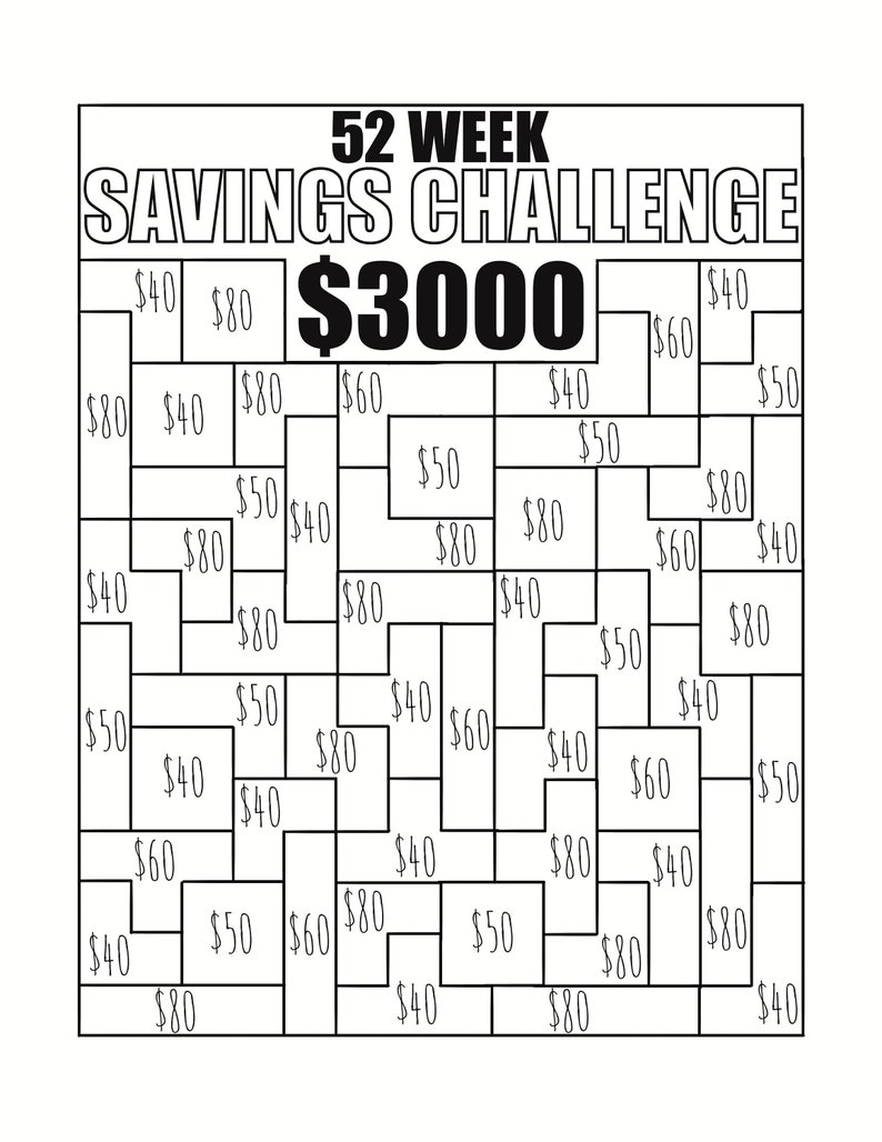 52 Week Savings Challenge, Savings Tracker, 3k Savings Challenge