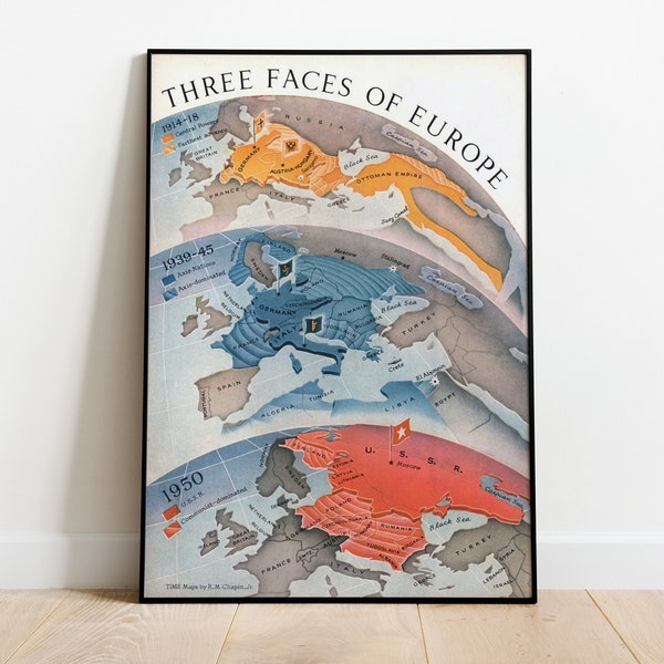 Three Faces of Europe, World War 1, World War 2 and Cold War - Time Magazine (Persuasive Map) Propaganda Poster/Sticker