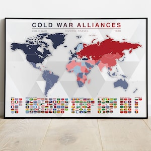 May include: A world map showing Cold War alliances in 1980. The map is divided into two colors: blue for NATO countries and red for Soviet allies. The map also includes a key with flags representing each country.