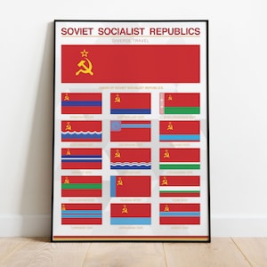 May include: A poster titled "Soviet Socialist Republics: Diverse Travel" displaying the flags of the Soviet Union and its 15 constituent republics. The flags are arranged in a grid with the Soviet Union flag at the top and the flags of the republics below. Each flag is labelled with the name of the republic in English.