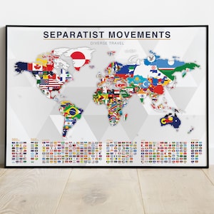 May include: A world map with flags representing separatist movements. The map is on a white background with a gray geometric pattern. The title "Separatist Movements" is at the top of the map, with the subtitle "Diverse Travel" below it. The flags are arranged in a grid at the bottom of the map.