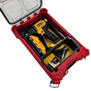 May include: Red tool case with a clear lid, containing a yellow and black drill, battery, and attachments. The case has a black interior with yellow accents and is designed to protect the tools.