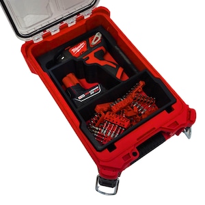 May include: Red and black tool case with a clear lid, containing a drill, battery, and various drill bits. The case is open, revealing the organized compartments for tools and accessories. The tools are red and black.