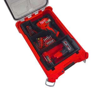 May include: A red tool case with a clear lid, containing a red and black drill, a battery, and various drill bits. The case is organized with black dividers, and the Milwaukee logo is visible on the drill.
