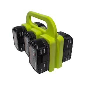 May include: A lime green plastic battery holder with a top handle, designed to carry four black Ryobi 18V lithium-ion batteries. Each battery is labeled with the Ryobi brand name, One+ system designation, and 4Ah capacity specifications.