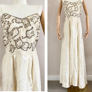 Vintage 30s tullip cocktail party dress size xs - 1930s beaded strapless rayon evening robe