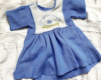 Vintage 70s blue baby girl dress - vintage girls dress - vintage baby dress - vintage wool kids dress - embroidered kids dress