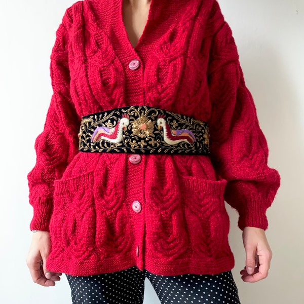 Vintage red knitted wool cable cardigan with pockets - vintage red cardigan - vintage red cardigan - vintage red sweater