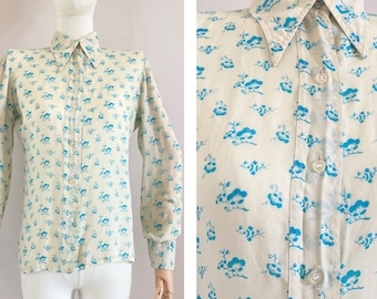 Vintage 1970s cream floral blouse - vintage 70s floral blouse size - vintage 70s silk blouse - vintage boho blouse - vintage