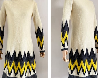 Vintage 70s cream wool midi dress - 1970s knitted mini a-line dress - boho hippie crochet