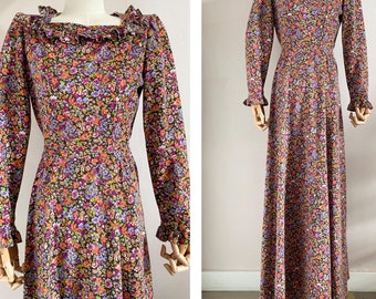 Vintage 70s wool mix floral maxi dress - vintage 1970s  prairie dress - ruffle liberty print