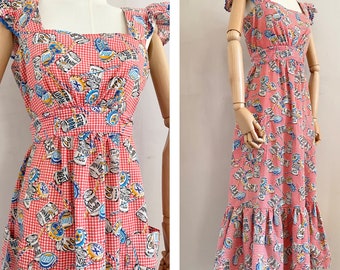 Vestido midi vintage de algodón con estampado de cuadros vichy de los años 60, talla S/M, falda con volantes a cuadros vintage de los años 60, corte en A bohemio hippie de los años 60