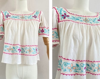 Camisa vintage de gasa de algodón bordada de los años 70 TALLA XS - Blusa boho hippie de los años 70