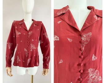 Vintage 1980s Cacharel red white floral silk blouse - 80s burgundy peplum flower top - French style clothing