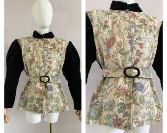 Vintage 70s tapestry and black velvet jacket - 1970s floral belted blazer