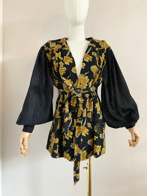 Vintage 80s black yellow floral belted jacket - 1… - image 2