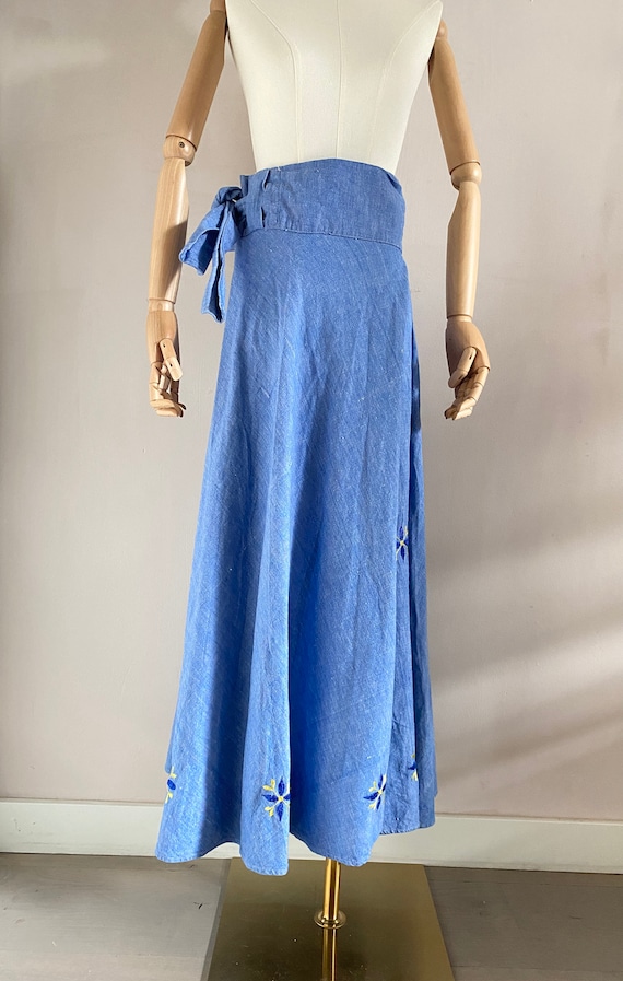 Vintage 70s long denim blue embroidered wrap skir… - image 2