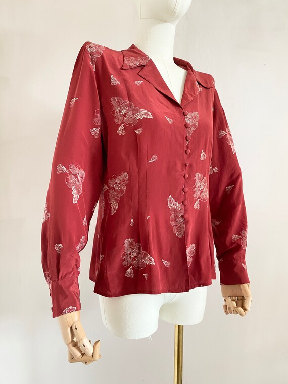 Vtg 80s 'Cacharel' Red Ditsy Floral Elegant Romantic Cottage-core Blouse UK 12